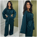 Satin Tie Belt Oversized Basic Wide Leg Set