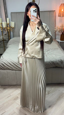 Satin Wrap Tie Belt Cardigan + Pleated Skirt
