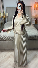 Satin Wrap Tie Belt Cardigan + Pleated Skirt