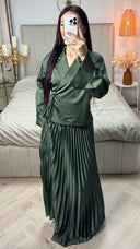 Satin Wrap Tie Belt Cardigan + Pleated Skirt