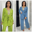 Set Wide Leg  Embroidered Tie Belt