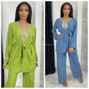 Set Wide Leg  Embroidered Tie Belt