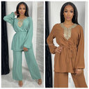 Set Wide Leg  Embroidered Tie Belt
