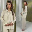 Shiny Details Blouse Ruffle Sleeve Wide Leg Set