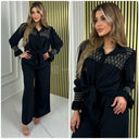 Shiny Details Blouse Ruffle Sleeve Wide Leg Set