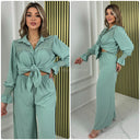 Shiny Details Blouse Ruffle Sleeve Wide Leg Set