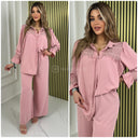 Shiny Details Blouse Ruffle Sleeve Wide Leg Set