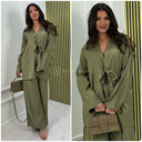Shiny Material Tie Cardigan And Pockets Wide Leg Set