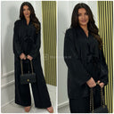 Shiny Material Tie Cardigan And Pockets Wide Leg Set
