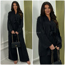 Shiny Material Tie Cardigan And Pockets Wide Leg Set