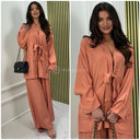 Shiny Material Tie Cardigan And Pockets Wide Leg Set