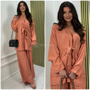 Shiny Material Tie Cardigan And Pockets Wide Leg Set
