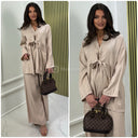 Shiny Material Tie Cardigan And Pockets Wide Leg Set