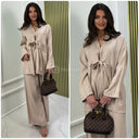 Shiny Material Tie Cardigan And Pockets Wide Leg Set