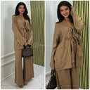 Shiny Material Tie Cardigan And Pockets Wide Leg Set
