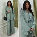Shiny Material Tie Cardigan And Pockets Wide Leg Set