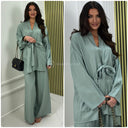 Shiny Material Tie Cardigan And Pockets Wide Leg Set