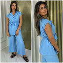 Tie Belt Sleeveless Wrap Basic Wide Leg Set
