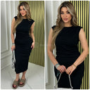 Sleeveless Shoulder Puff Ribbed Split Dress