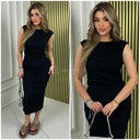 Sleeveless Shoulder Puff Ribbed Split Dress