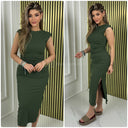 Sleeveless Shoulder Puff Ribbed Split Dress