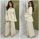 Slit Sleeve Wrapped Tie Belt Wide Leg Set