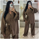 Slit Sleeve Tie Belt Cardigan Thick Ribbed Corduroy Set