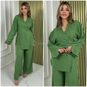 Slit Sleeve Wrapped Tie Belt Wide Leg Set