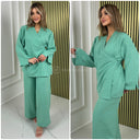 Slit Sleeve Wrapped Tie Belt Wide Leg Set