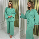 Slit Sleeve Wrapped Tie Belt Wide Leg Set