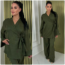 Slit Sleeve Wrapped Tie Belt Wide Leg Set