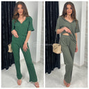 Thin Ribbed Collar Detail Wide Leg Set