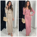 V Neck Thin Ribbed Tie Belt Gold Dress