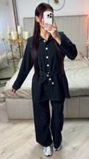 Tie Belt Button Blouse Set White Button Details