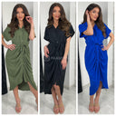 Tie belt dress buttons plisse detail