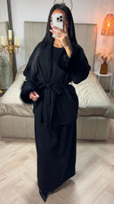 Tie Belt Fur Sleeve Cardigan Skirt Set