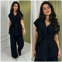 Tie Belt Sleeveless Wrap Basic Wide Leg Set