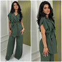 Tie Belt Sleeveless Wrap Basic Wide Leg Set