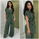 Tie Belt Sleeveless Wrap Basic Wide Leg Set