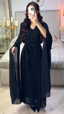 Tie Belt V Neck Pleated Dress + Shawl Sleeves