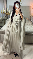 Tie Belt V Neck Pleated Dress + Shawl Sleeves