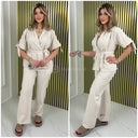 Tie Sleeve V Neck Tie Belt Mid Line Wide Leg Set