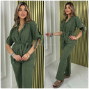 Tie Sleeve V Neck Tie Belt Mid Line Wide Leg Set