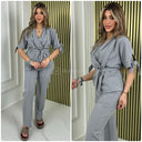 Tie Sleeve V Neck Tie Belt Mid Line Wide Leg Set