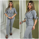 Tie Sleeve V Neck Tie Belt Mid Line Wide Leg Set