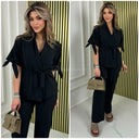 Tie Sleeve V Neck Tie Belt Mid Line Wide Leg Set