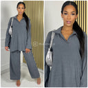 V Neck Collar Thick Corduroy Wide Leg Set