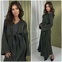 V Neck Embroidery Detail Tie Belt Oversized Dress