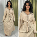 V Neck Embroidery Detail Tie Belt Oversized Dress