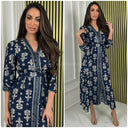 V Neck Print Tie Belt Button Split Dress